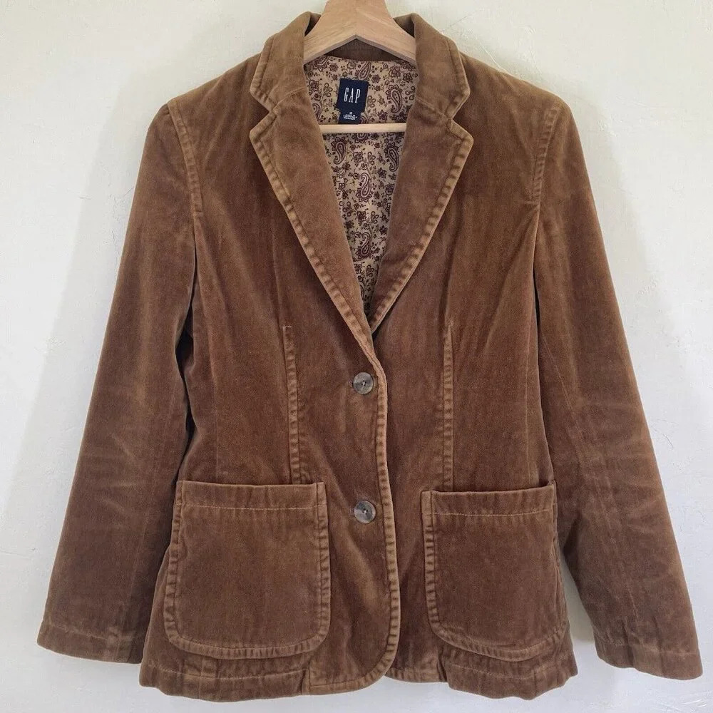 Gap Women’s Velvet Blazer Golden Brown Sz 2 Lined Dark Academia Preppy Grampa